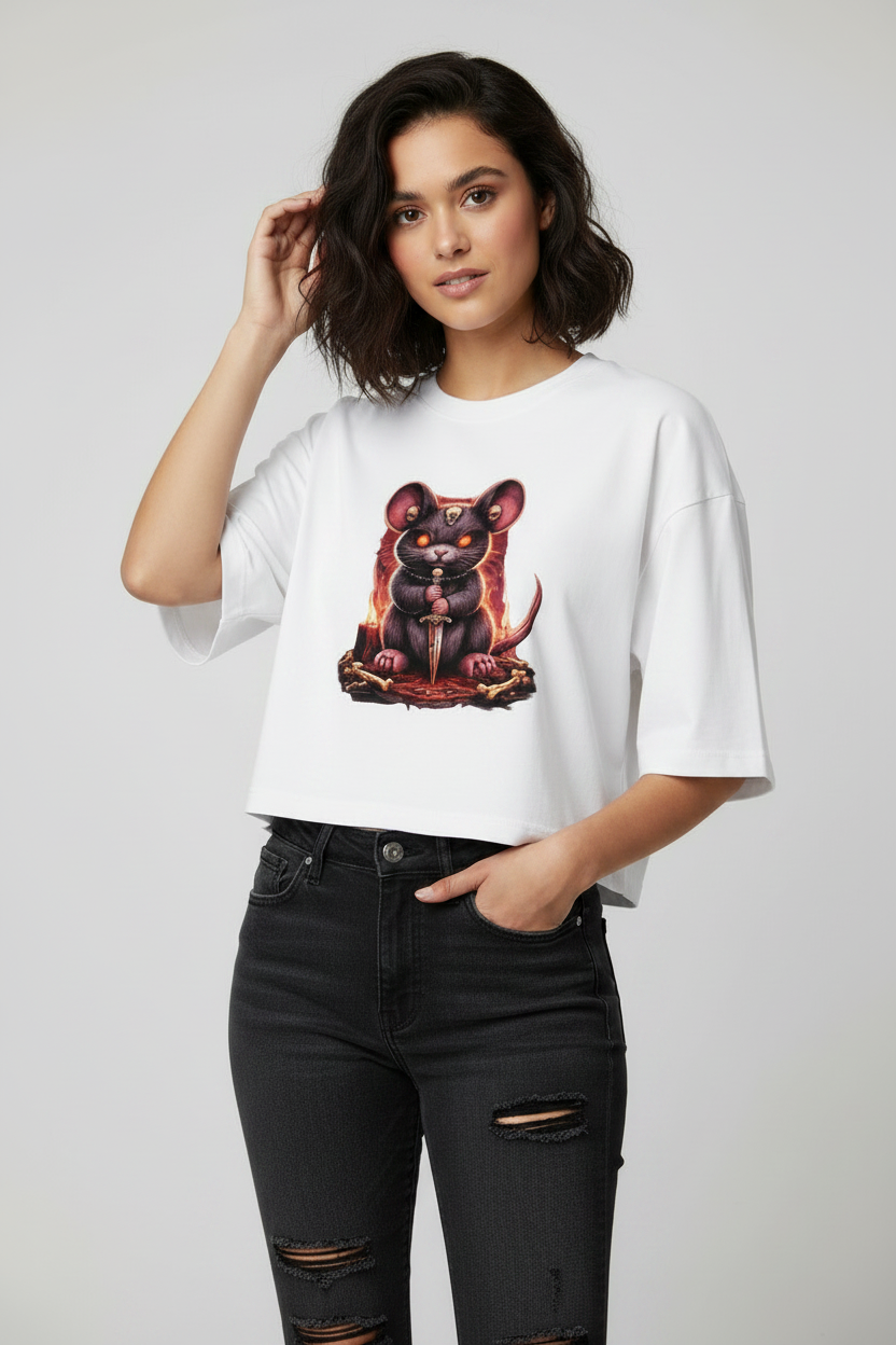 Damen Oversize Crop Top Dämonische Maus im blutigen Pentagramm