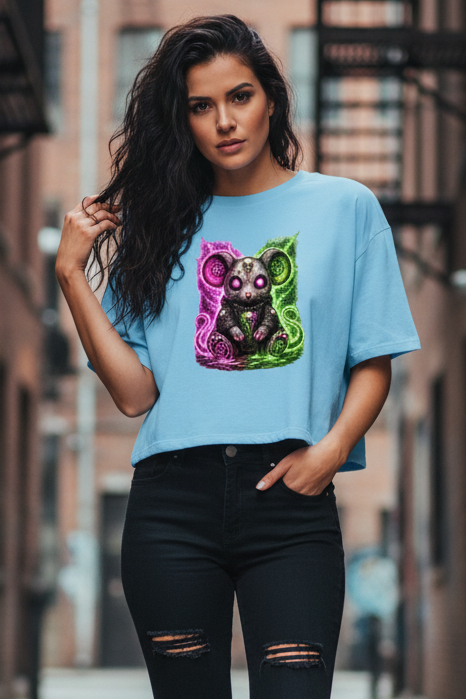 Damen Oversize Crop Top Dämonische Maus mit leuchtendem Pentagramm