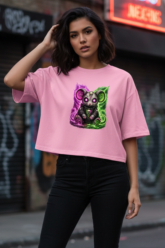 Damen Oversize Crop Top Dämonische Maus mit leuchtendem Pentagramm