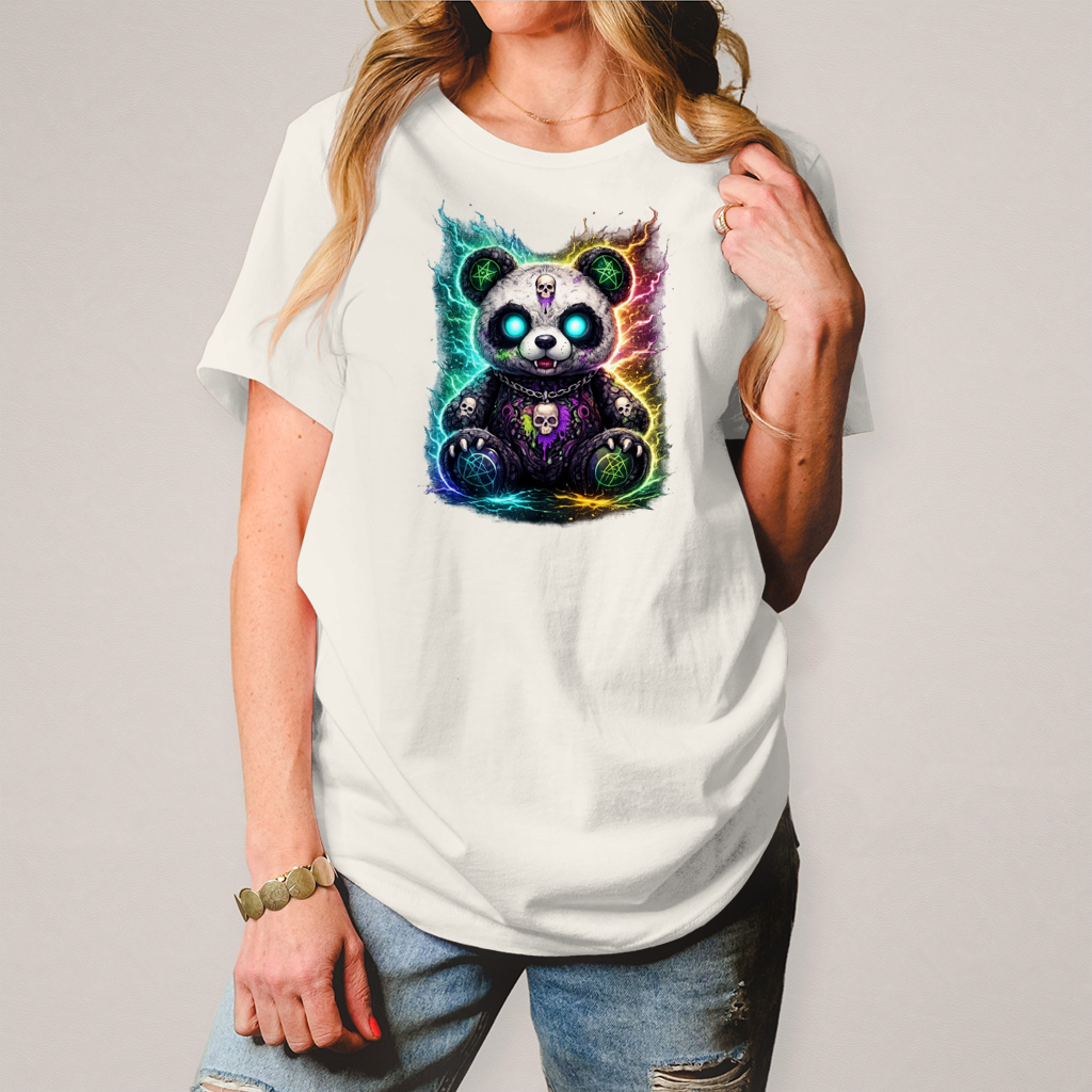 Damen T-Shirt Dämonischer Panda mit leuchtenden Pentagrammen