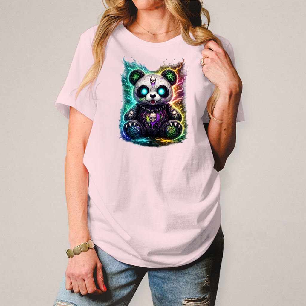 Damen T-Shirt Dämonischer Panda mit leuchtenden Pentagrammen
