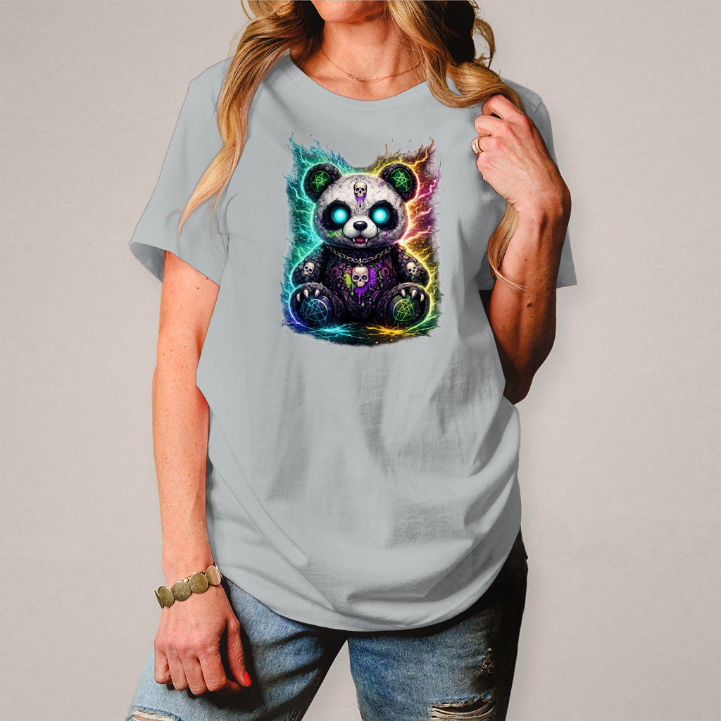 Damen T-Shirt Dämonischer Panda mit leuchtenden Pentagrammen