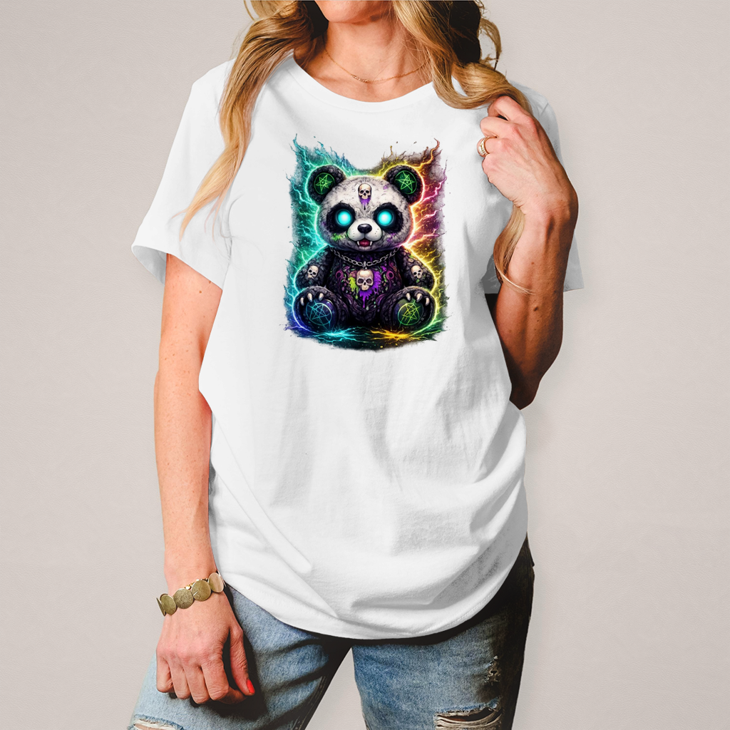 Damen T-Shirt Dämonischer Panda mit leuchtenden Pentagrammen