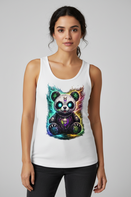 Damen Basic Tank Top Dämonischer Panda mit leuchtenden Pentagrammen