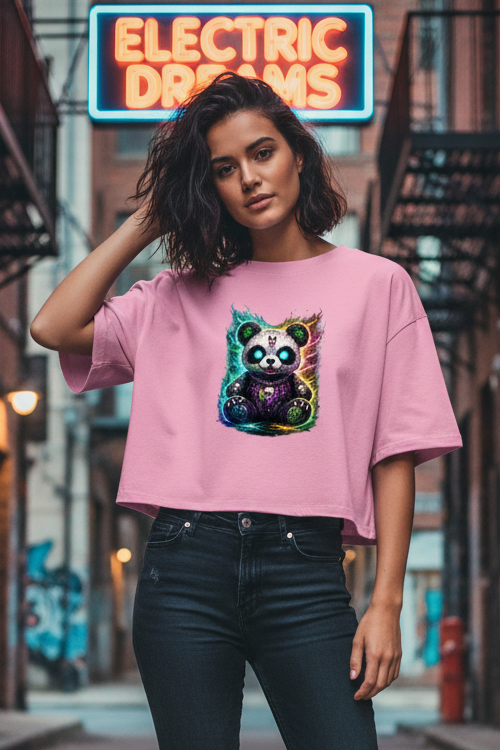 Damen Oversize Crop Top Dämonischer Panda mit leuchtenden Pentagrammen