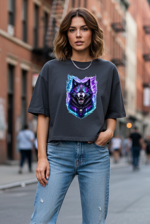 Damen Oversize Crop Top Dämonischer Wolf mit elektrischer Aura