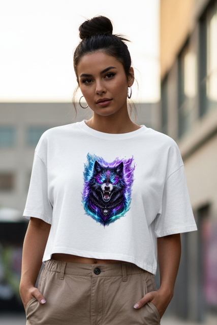 Damen Oversize Crop Top Dämonischer Wolf mit elektrischer Aura