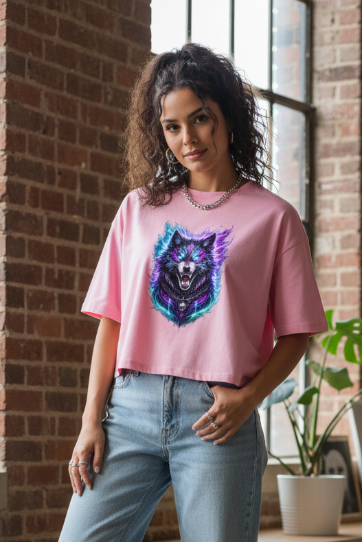 Damen Oversize Crop Top Dämonischer Wolf mit elektrischer Aura