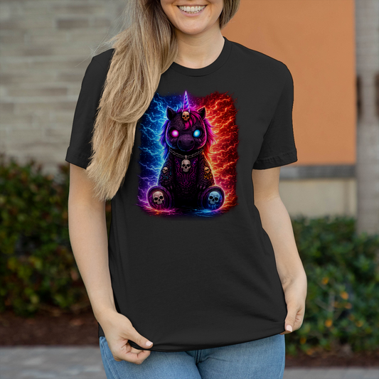Damen T-Shirt Dämonisches Einhorn mit leuchtenden Mustern