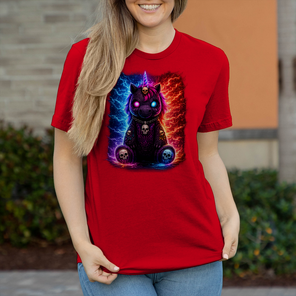 Damen T-Shirt Dämonisches Einhorn mit leuchtenden Mustern