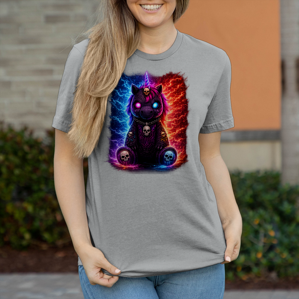 Damen T-Shirt Dämonisches Einhorn mit leuchtenden Mustern