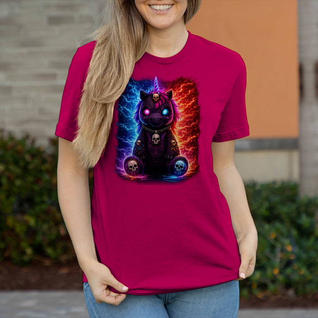 Damen T-Shirt Dämonisches Einhorn mit leuchtenden Mustern