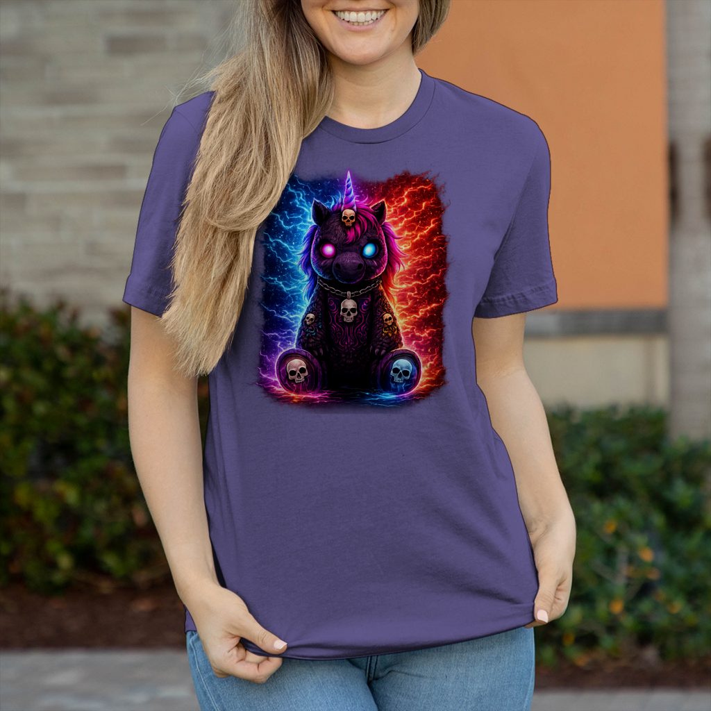 Damen T-Shirt Dämonisches Einhorn mit leuchtenden Mustern