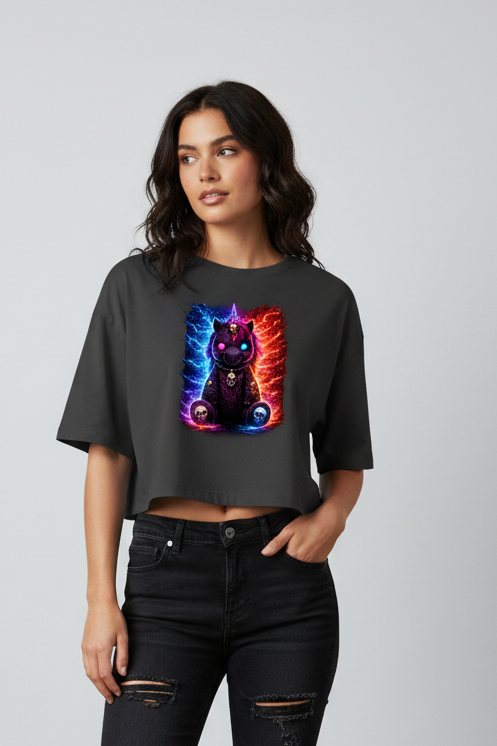 Damen Oversize Crop Top Dämonisches Einhorn mit leuchtenden Mustern