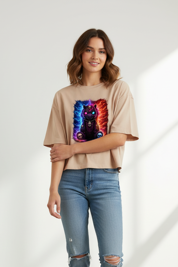 Damen Oversize Crop Top Dämonisches Einhorn mit leuchtenden Mustern