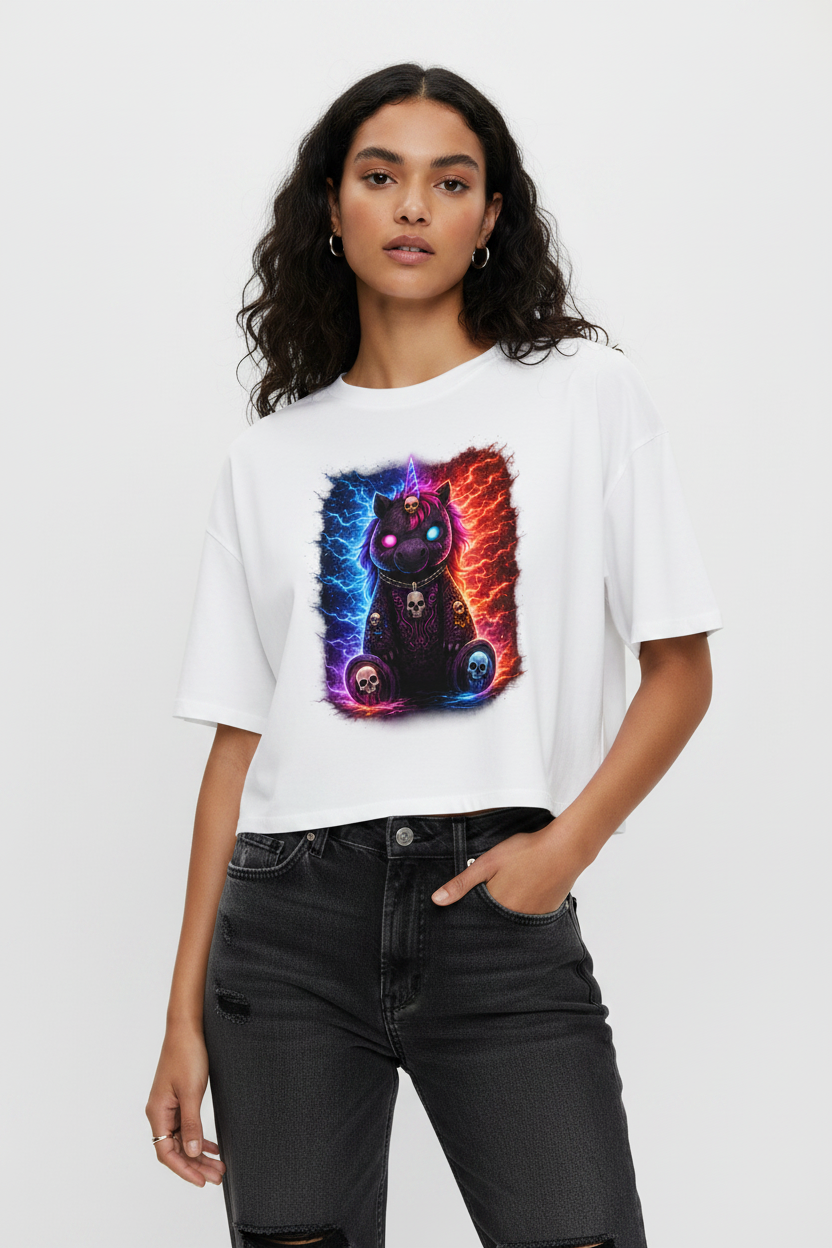 Damen Oversize Crop Top Dämonisches Einhorn mit leuchtenden Mustern