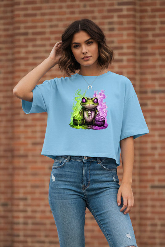 Damen Oversize Crop Top Der bedrohliche Frosch mit Totenköpfen