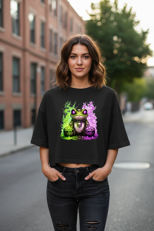 Damen Oversize Crop Top Der bedrohliche Frosch mit Totenköpfen
