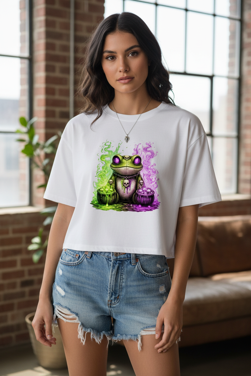 Damen Oversize Crop Top Der bedrohliche Frosch mit Totenköpfen