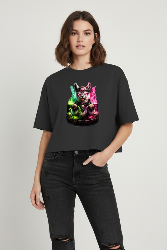 Damen Oversize Crop Top Der dämonische Alpaka-Kampf