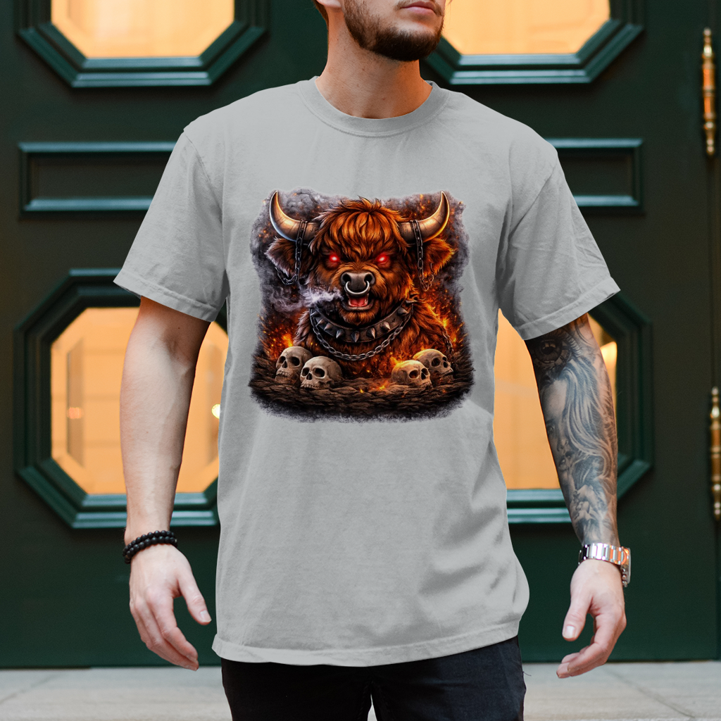 Herren T-Shirt Höllischer Highland-bulle im Flammenmeer