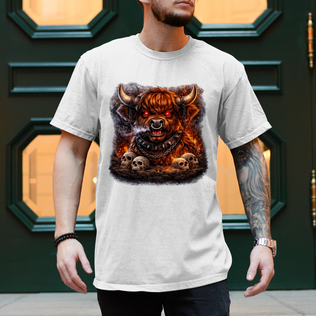 Herren T-Shirt Höllischer Highland-bulle im Flammenmeer