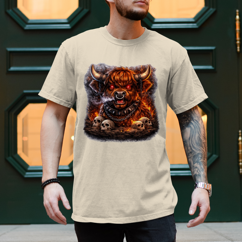 Herren T-Shirt Höllischer Highland-bulle im Flammenmeer