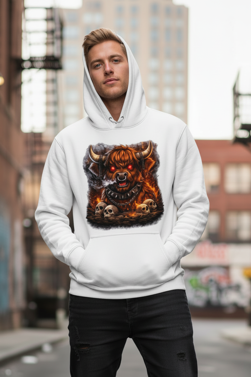Herren Hoodie Höllischer Highland-bulle im Flammenmeer