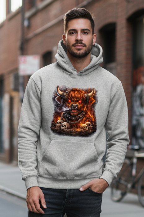 Herren Hoodie Höllischer Highland-bulle im Flammenmeer