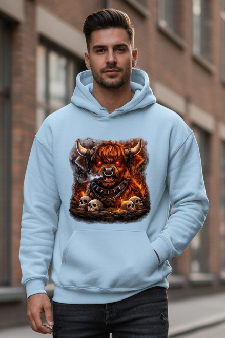 Herren Hoodie Höllischer Highland-bulle im Flammenmeer