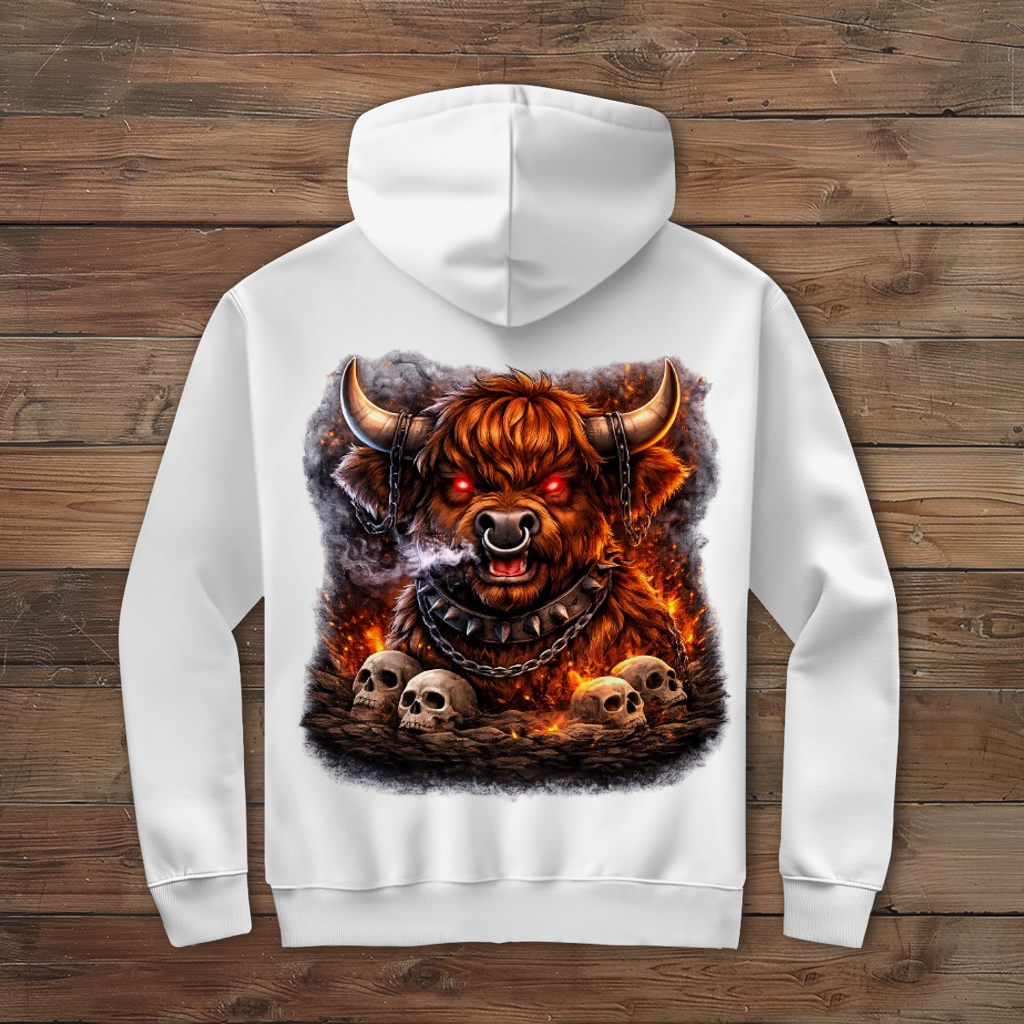 Herren Zipper Hoodie Höllischer Highland-bulle im Flammenmeer