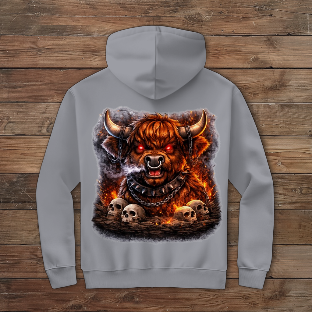 Herren Zipper Hoodie Höllischer Highland-bulle im Flammenmeer