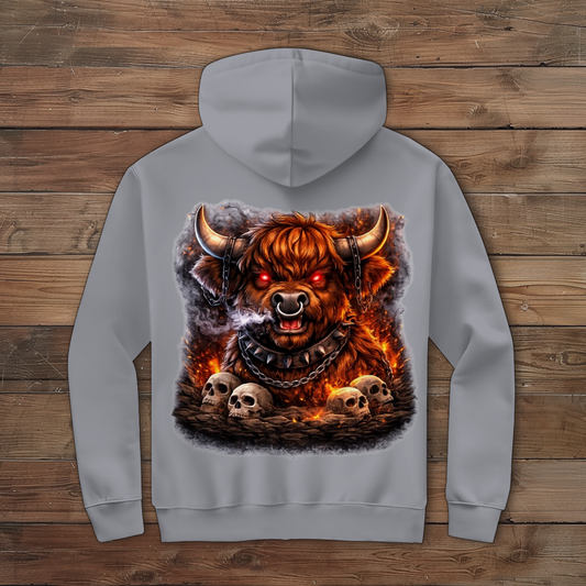 Herren Zipper Hoodie Höllischer Highland-bulle im Flammenmeer