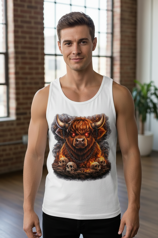 Herren Basic Tank Top Höllischer Highland-bulle im Flammenmeer