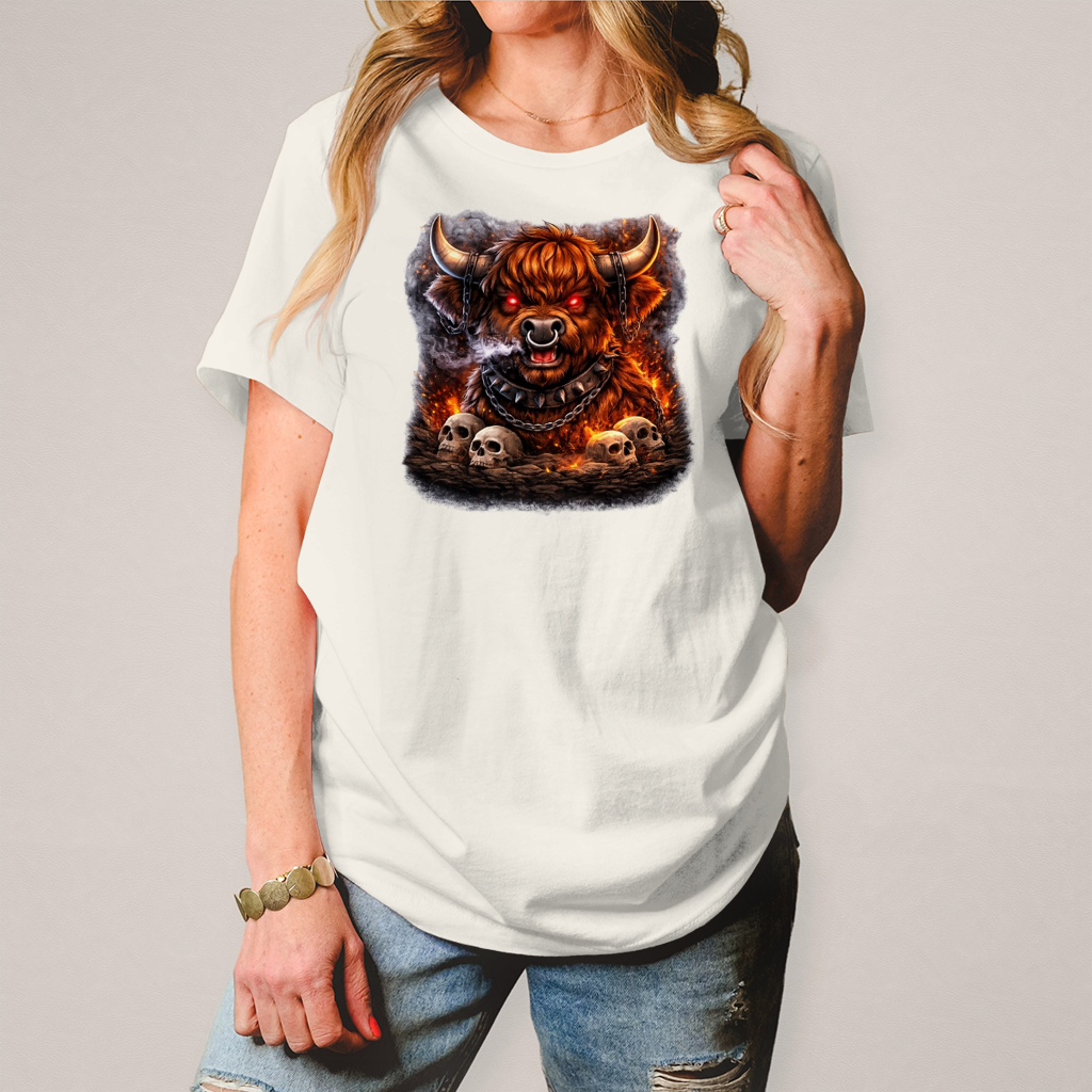 Damen T-Shirt Höllischer Highland-bulle im Flammenmeer