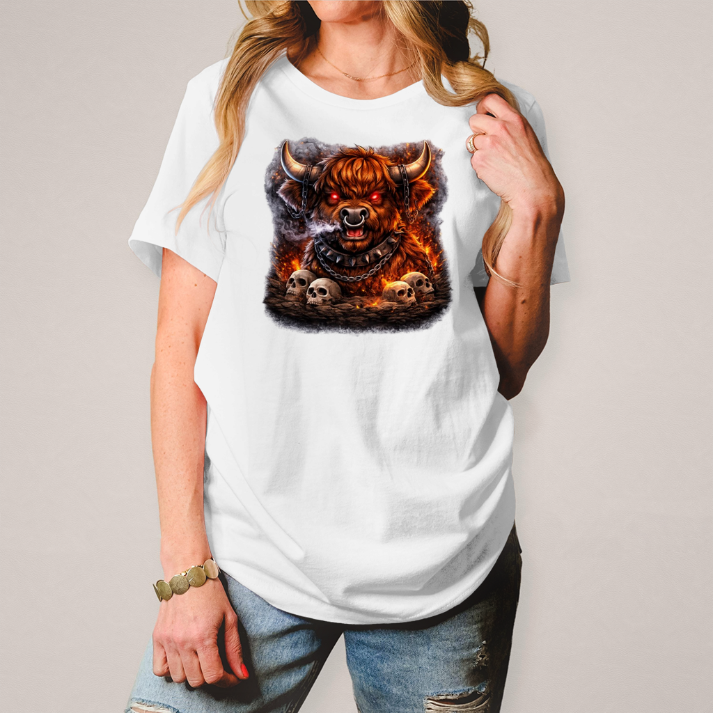 Damen T-Shirt Höllischer Highland-bulle im Flammenmeer