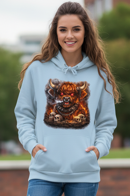 Damen Hoodie Höllischer Highland-bulle im Flammenmeer
