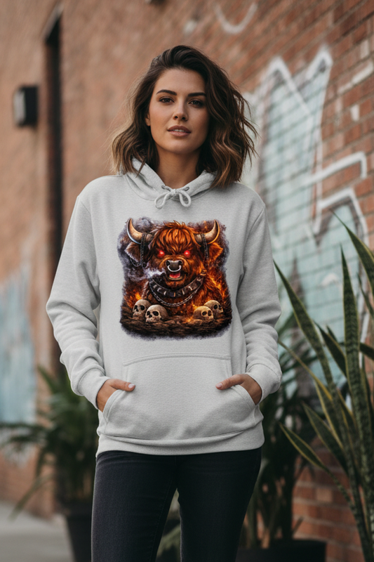 Damen Hoodie Höllischer Highland-bulle im Flammenmeer