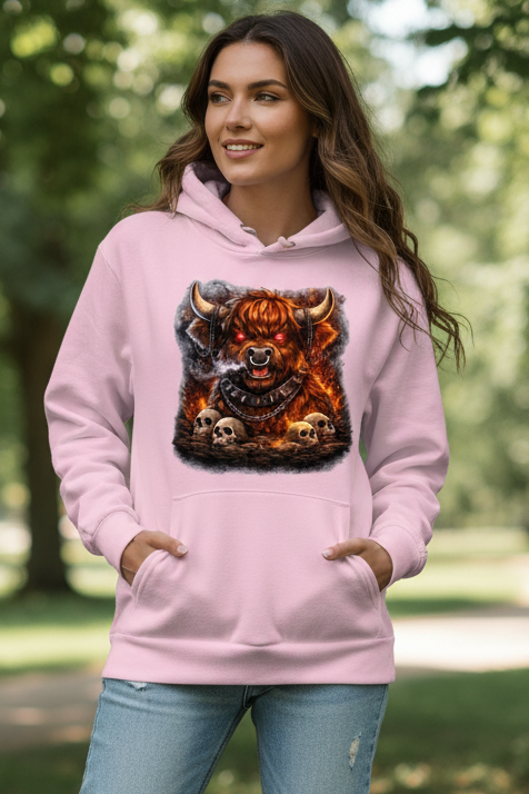 Damen Hoodie Höllischer Highland-bulle im Flammenmeer