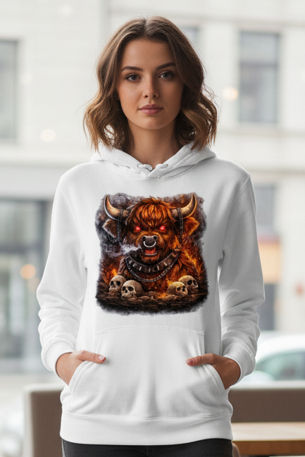 Damen Hoodie Höllischer Highland-bulle im Flammenmeer