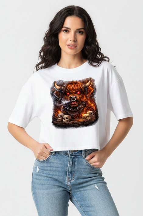 Damen Oversize Crop Top Höllischer Highland-bulle im Flammenmeer
