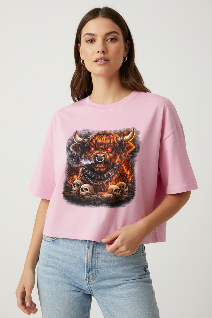 Damen Oversize Crop Top Höllischer Highland-bulle im Flammenmeer