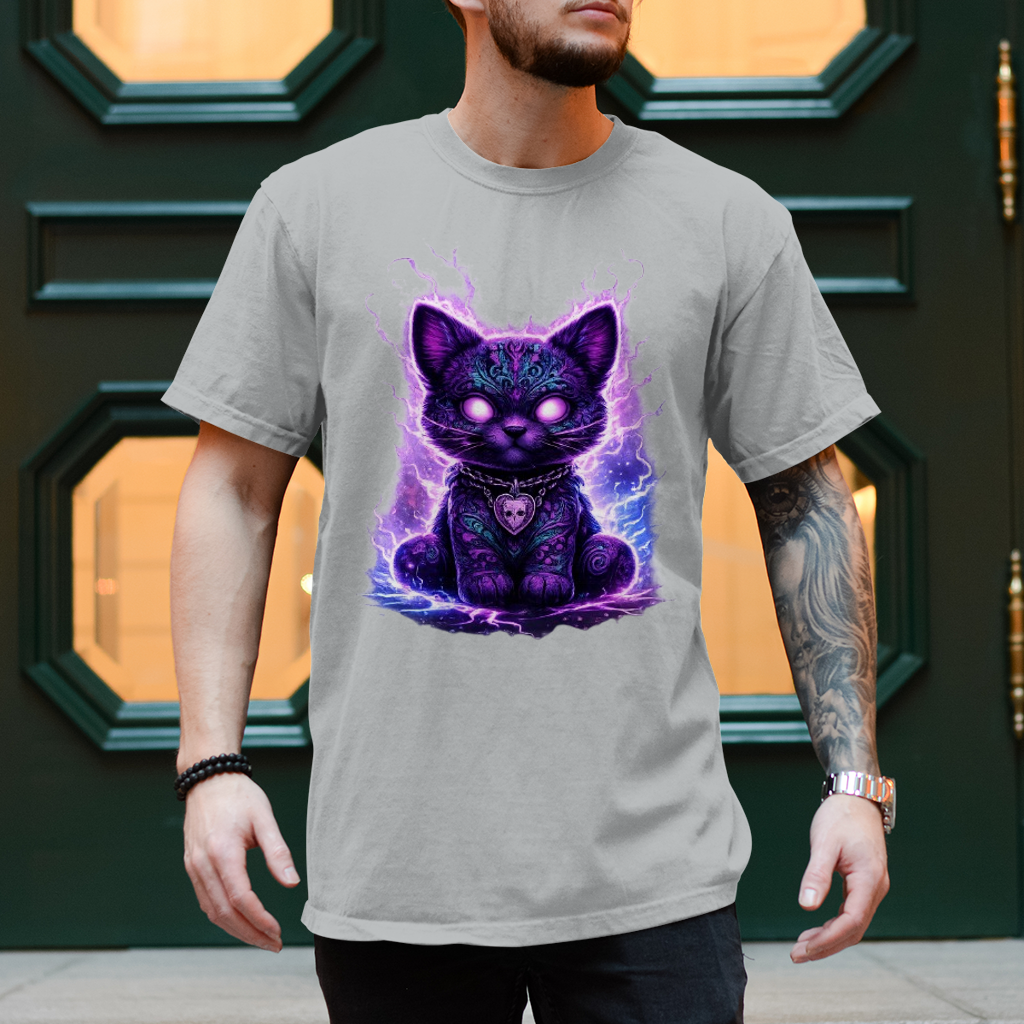 Herren T-Shirt Magische schwarze Katze mit elektrischer Aura