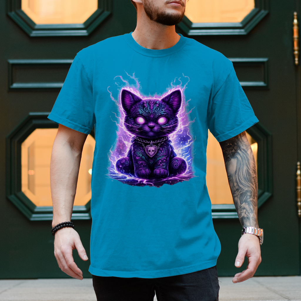 Herren T-Shirt Magische schwarze Katze mit elektrischer Aura