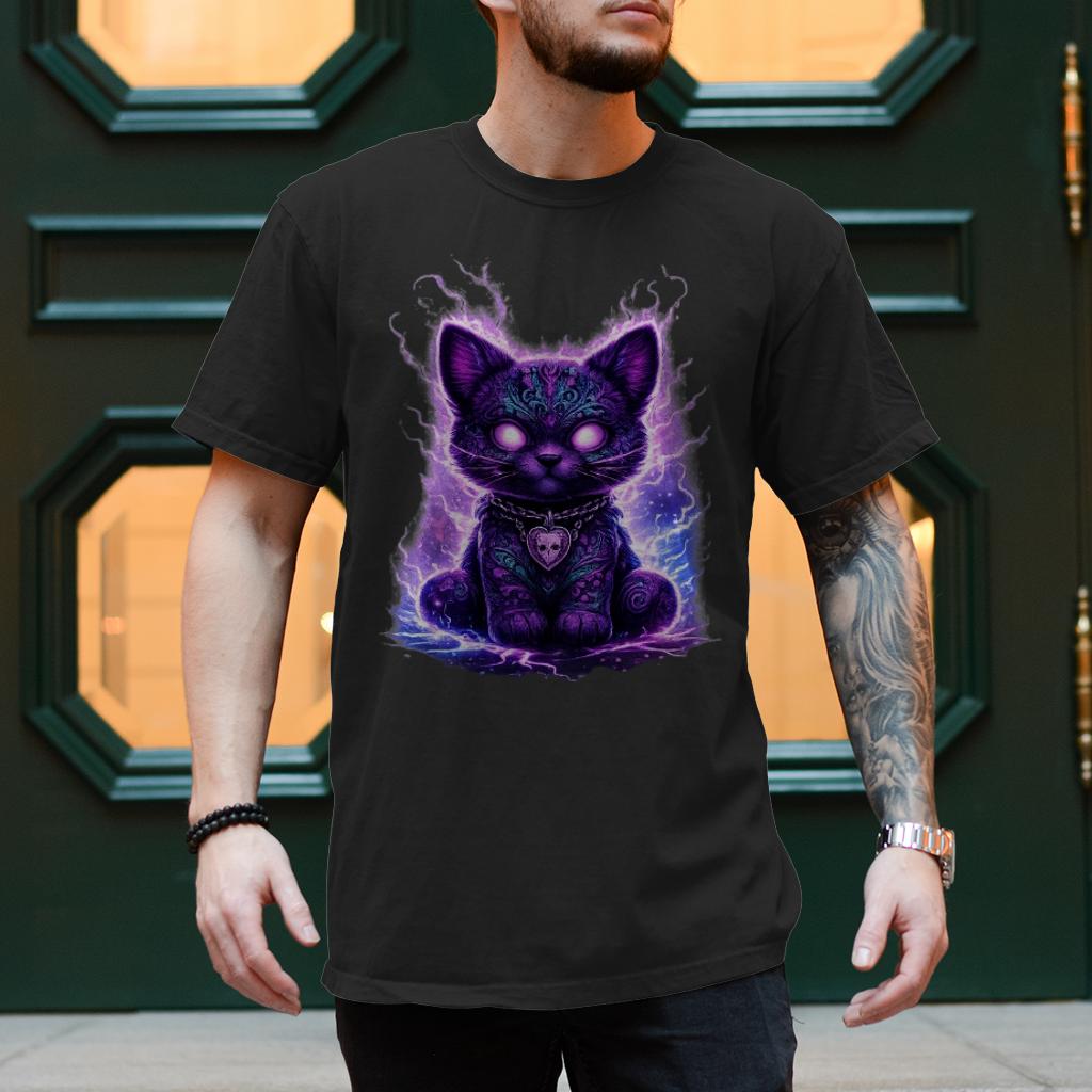 Herren T-Shirt Magische schwarze Katze mit elektrischer Aura
