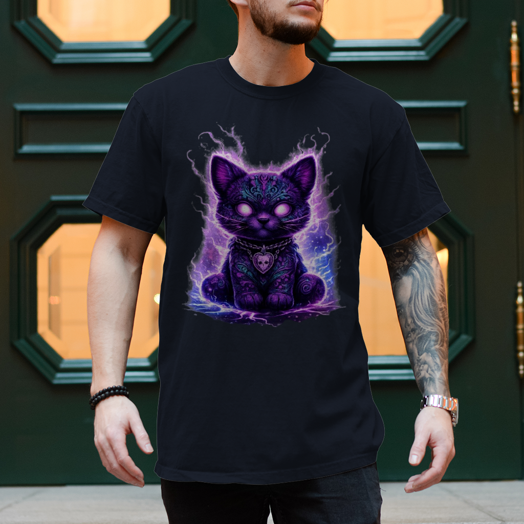 Herren T-Shirt Magische schwarze Katze mit elektrischer Aura