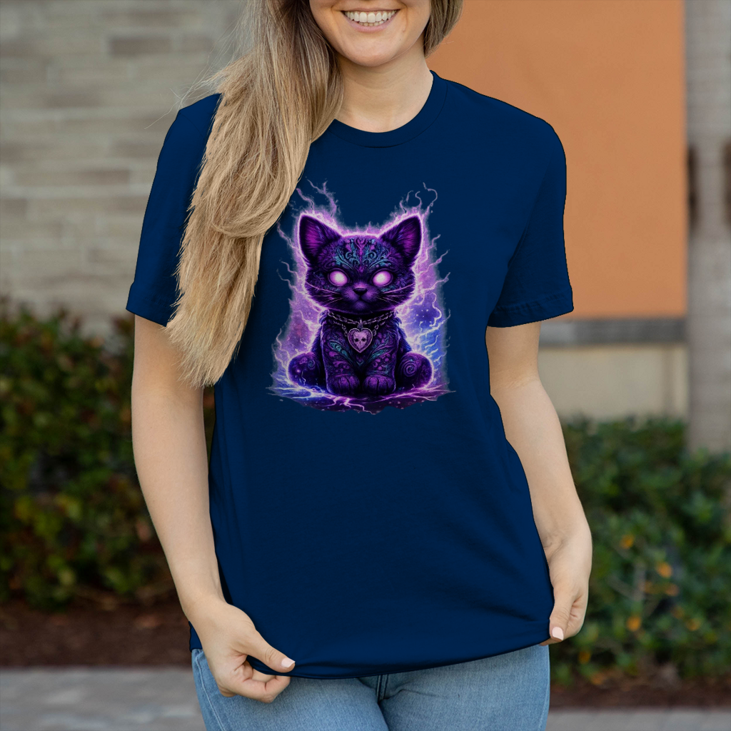 Damen T-Shirt Magische schwarze Katze mit elektrischer Aura