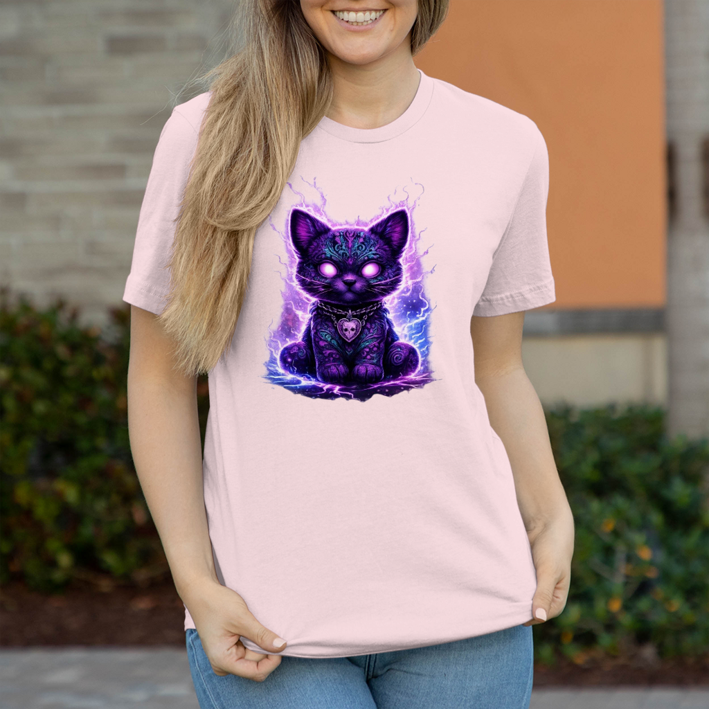 Damen T-Shirt Magische schwarze Katze mit elektrischer Aura