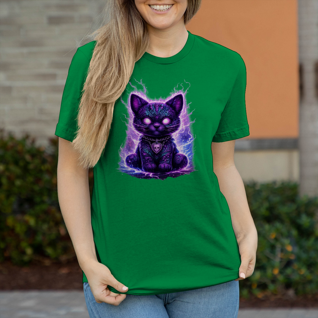 Damen T-Shirt Magische schwarze Katze mit elektrischer Aura