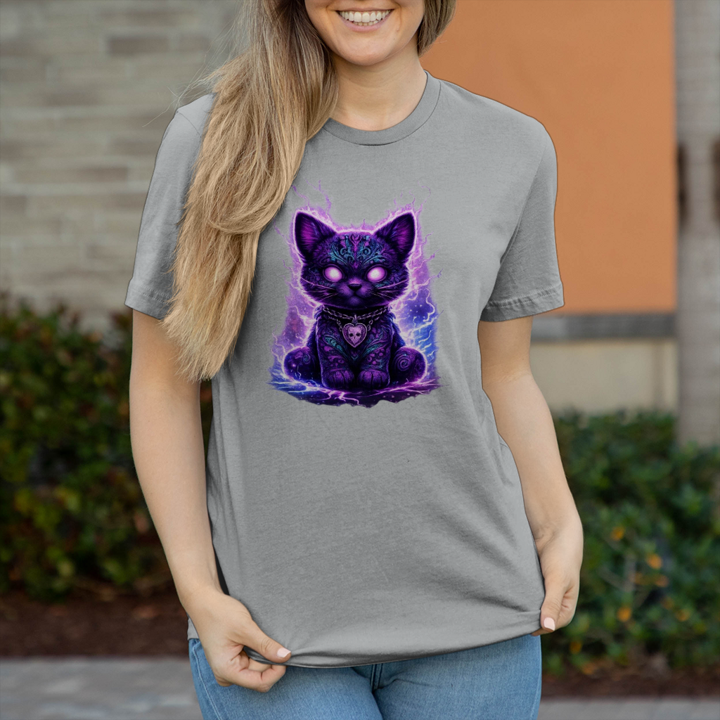 Damen T-Shirt Magische schwarze Katze mit elektrischer Aura